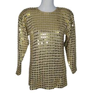 1980s Vintage Adrienne Vittadini Wool Blend Sequin Sweater Gold Size Small